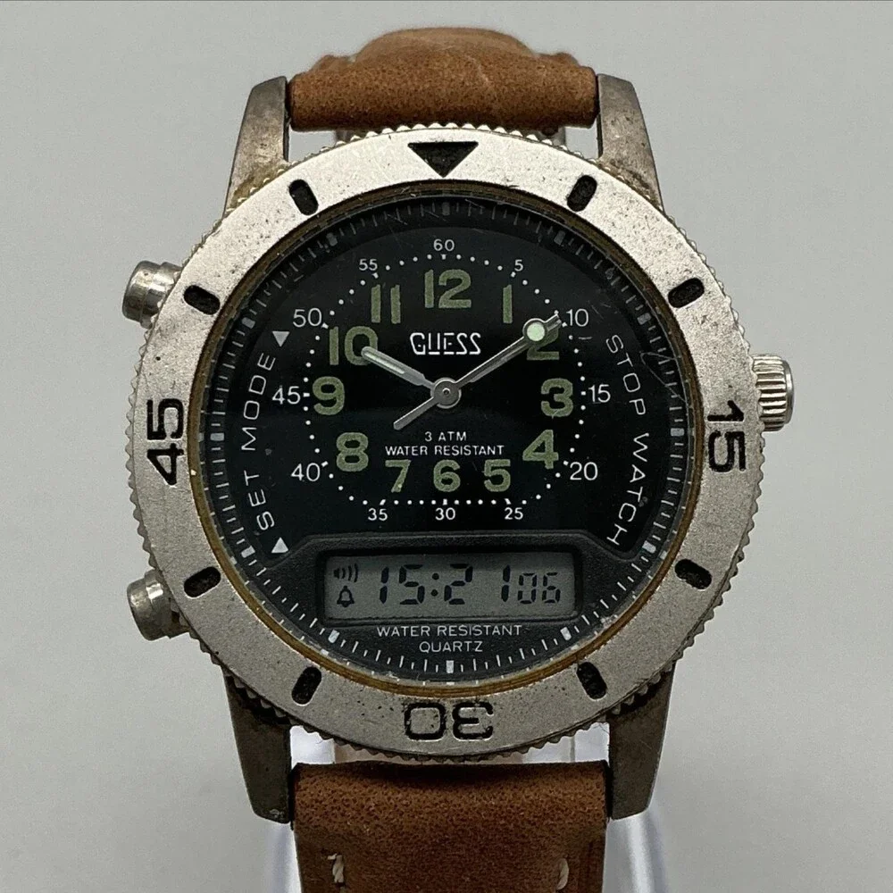 Vintage 1991 Guess Mens Watch 35mm Black Dial Leather Ana-Digi New Battery